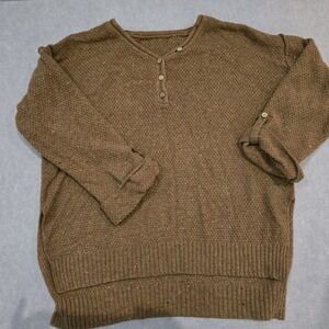 BKE Buckle Sweater Women's L  Brown V Neck Henley Style Knit Long Sleeve Tagless